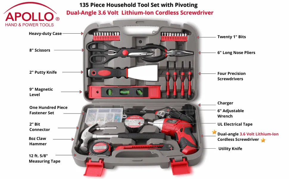 135 Piece Household Tool Set with Pivoting Dual-Angle 3.6 Volt Lithium-Ion Cordless Screwdriver - DT0773