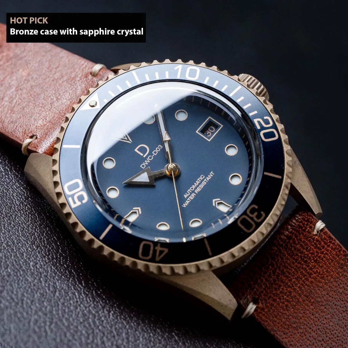 42mm Blue Bronze Dive Watch kit with Vintage Brown Strap | D03 Deep Blue Sandwich Dial with BGW9 SuperLume | Movement: Seiko Automatic