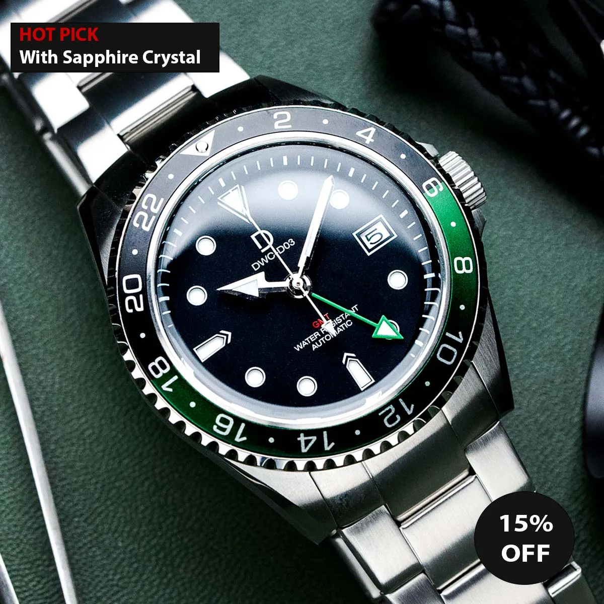 42mm "Sprite" Diver Dress GMT Watch Kit | NH34 GMT Dive Watch | Stainless Stain Bracelet | Green-Black GMT Bezel | DWC-D03