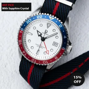 42mm White Dial "Pepsi" GMT Dive Watch | Seiko GMT movement | Aluminum-Steel Hybrid Red & Blue GMT Bezel | DWC-D03