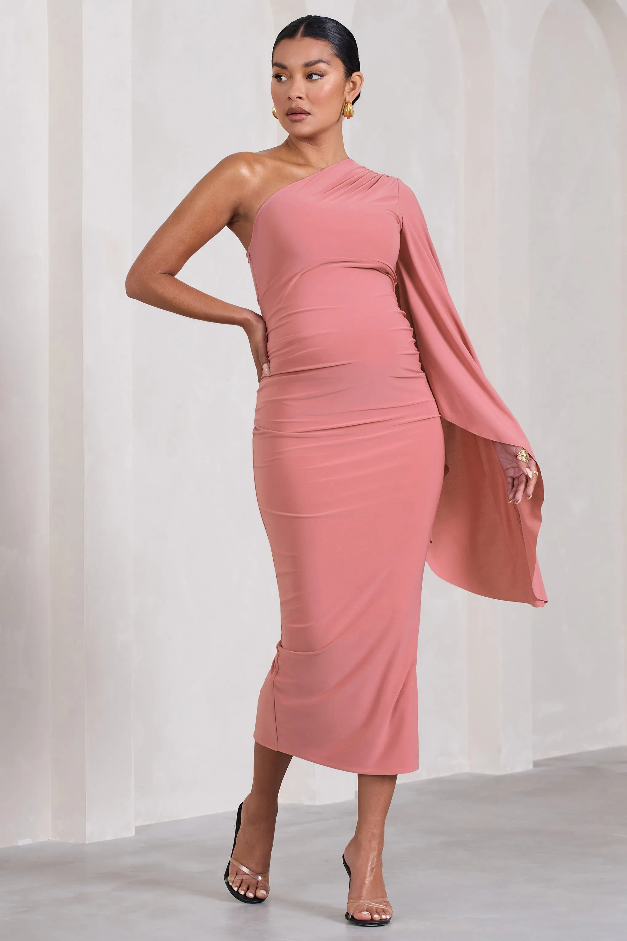 Adeline | Blush Pink Ruched Asymmetric Split Maternity Midi Dress With Cape Sleeve