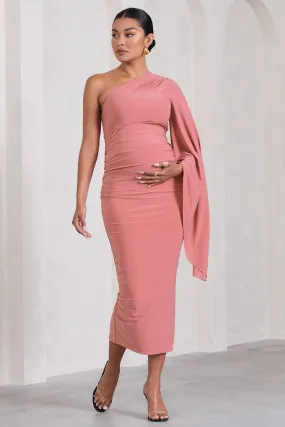 Adeline | Blush Pink Ruched Asymmetric Split Maternity Midi Dress With Cape Sleeve