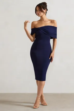 Alyssa | Navy Bardot Bow Detail Midi Dress