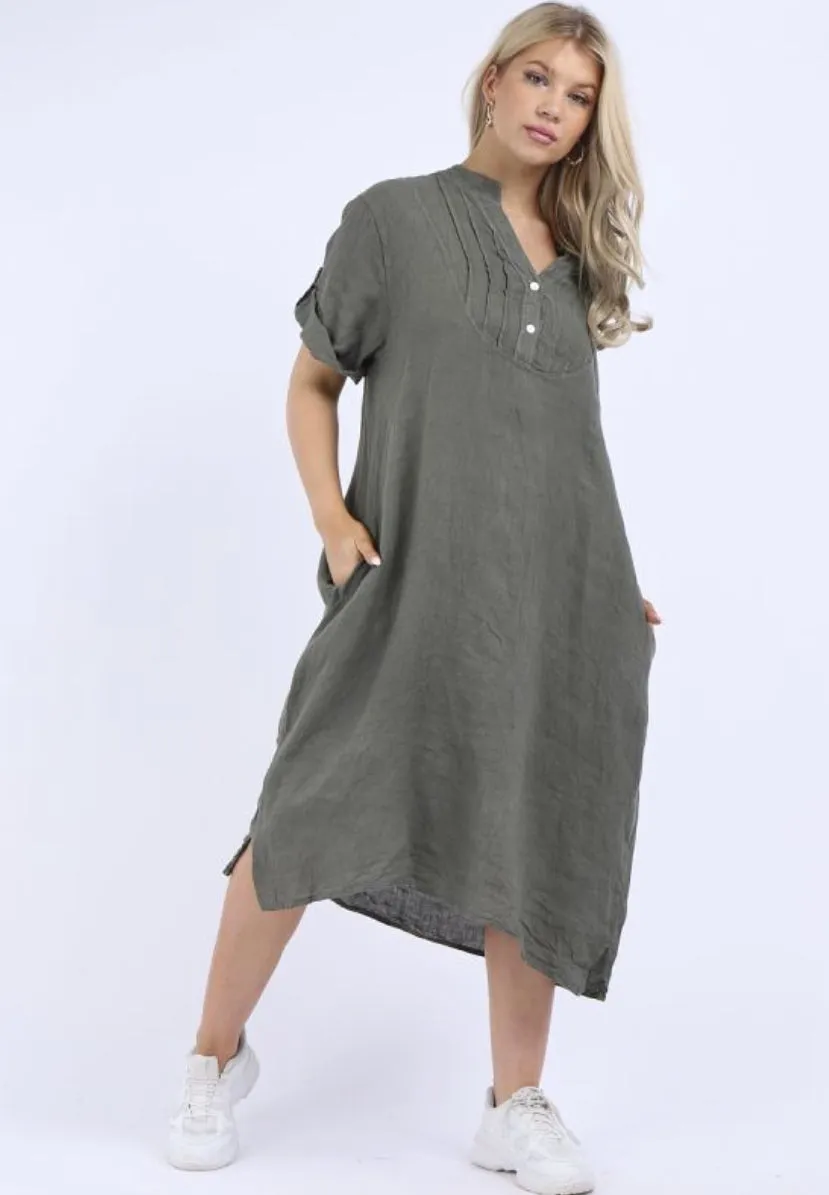 Anne   Kate Italian Plain Linen Mandarin Neck Dress