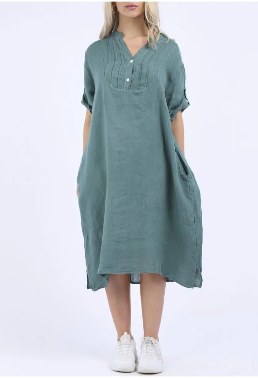 Anne   Kate Italian Plain Linen Mandarin Neck Dress