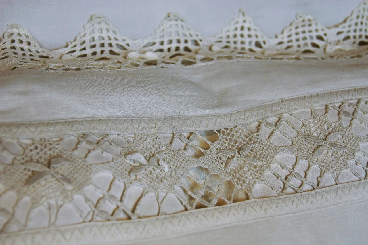 Antique White Linen Sham with Crochet Inserts and Lace Edges