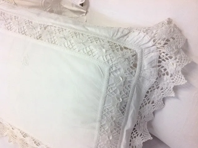 Antique White Linen Sham with Crochet Inserts and Lace Edges