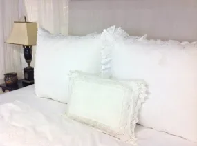 Antique White Linen Sham with Crochet Inserts and Lace Edges