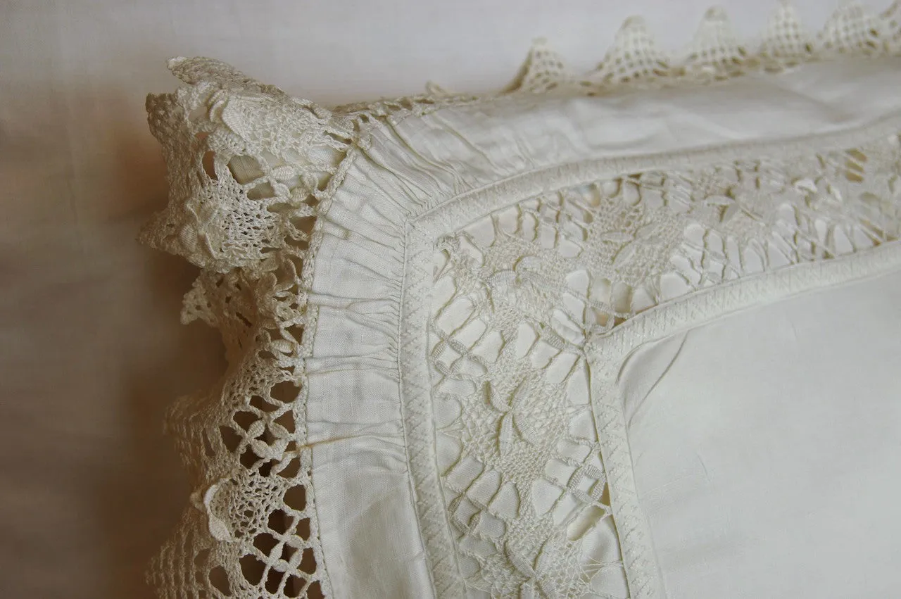 Antique White Linen Sham with Crochet Inserts and Lace Edges