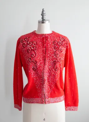 Beautiful 1960's Cherry Red Beaded Cardigan / Large