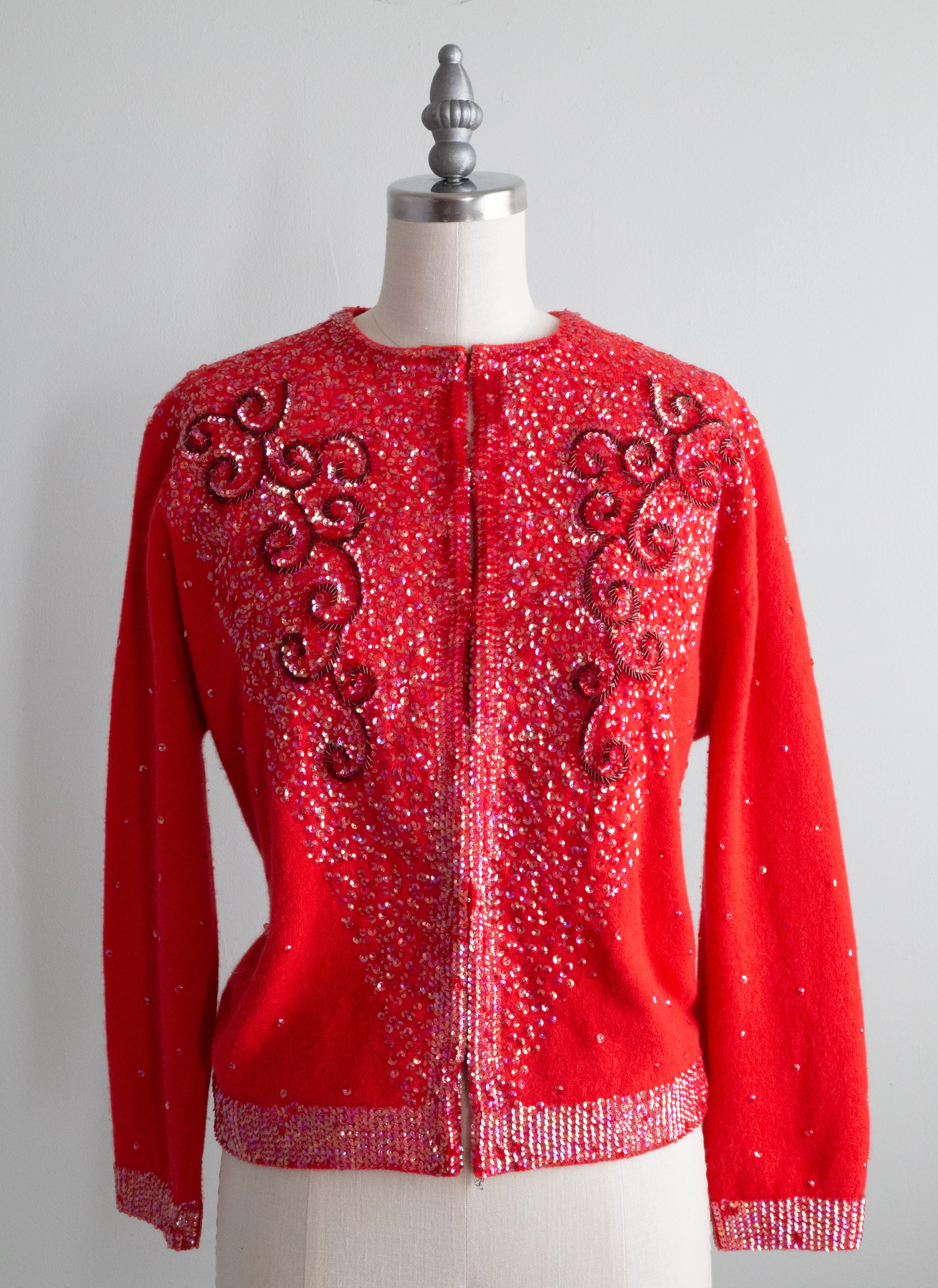 Beautiful 1960's Cherry Red Beaded Cardigan / Large