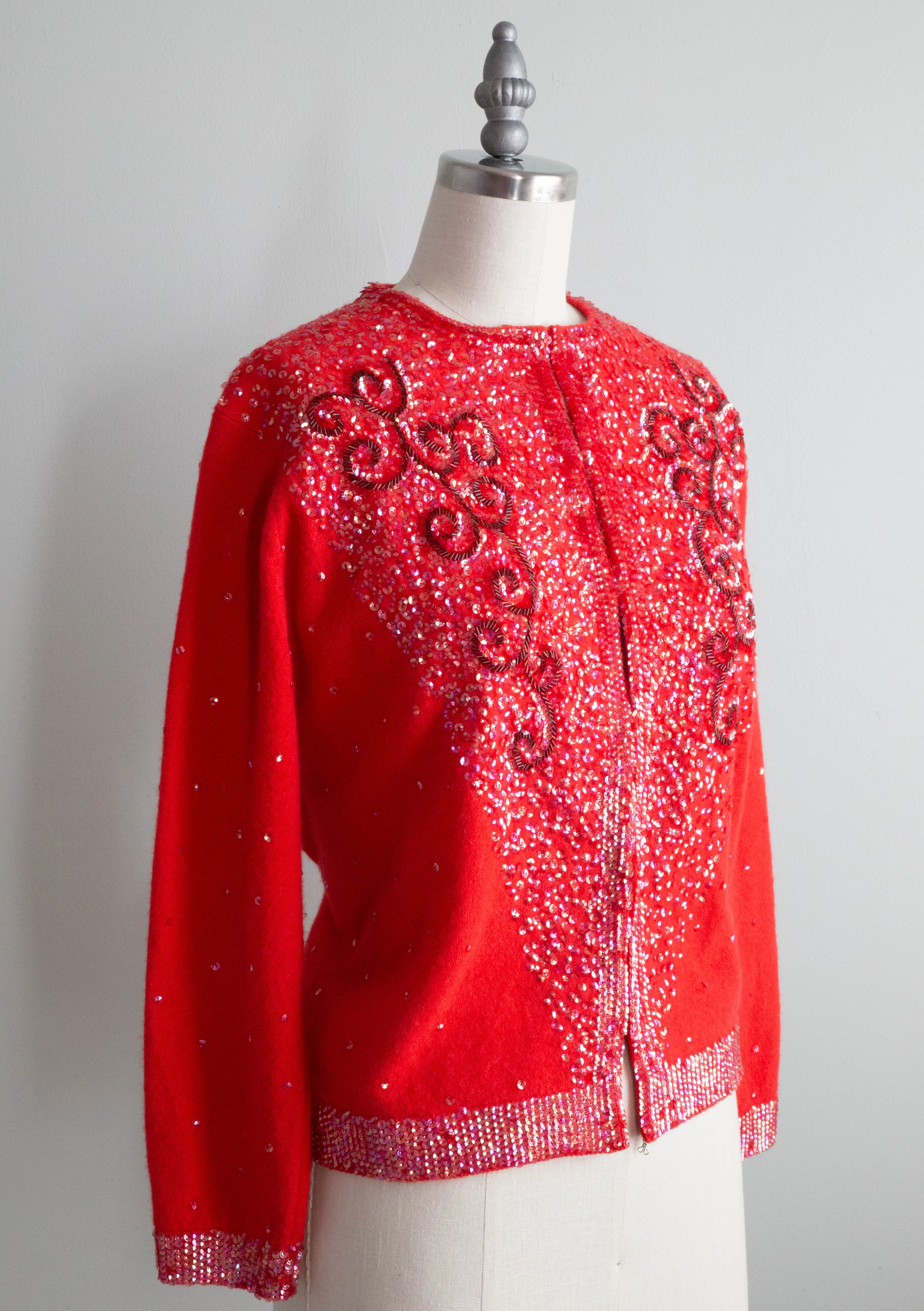 Beautiful 1960's Cherry Red Beaded Cardigan / Large