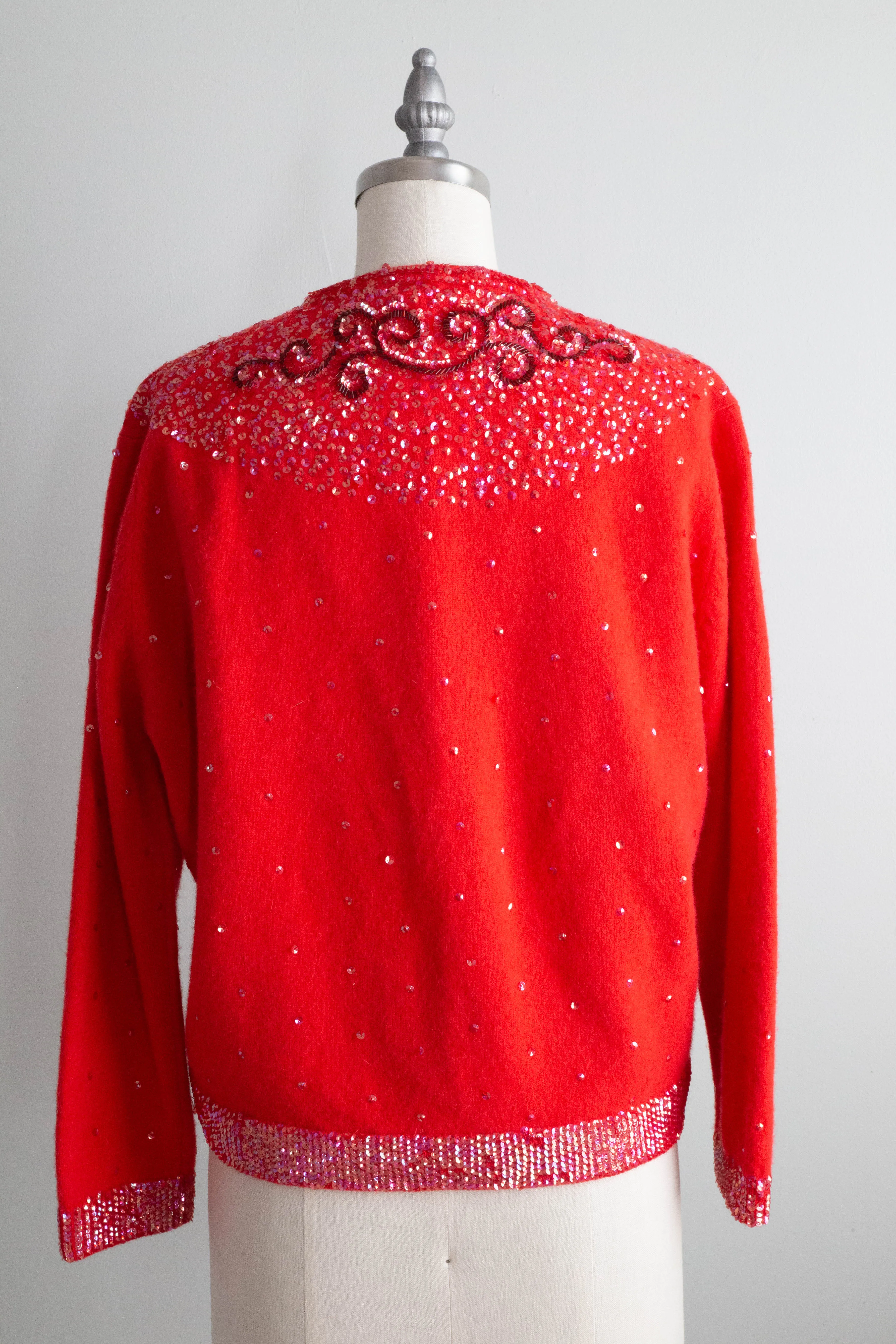 Beautiful 1960's Cherry Red Beaded Cardigan / Large