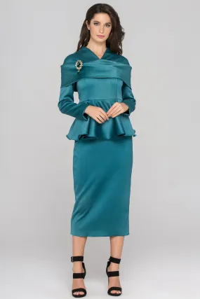 Blue Green Sleeved Satin Peplum Midi Dress