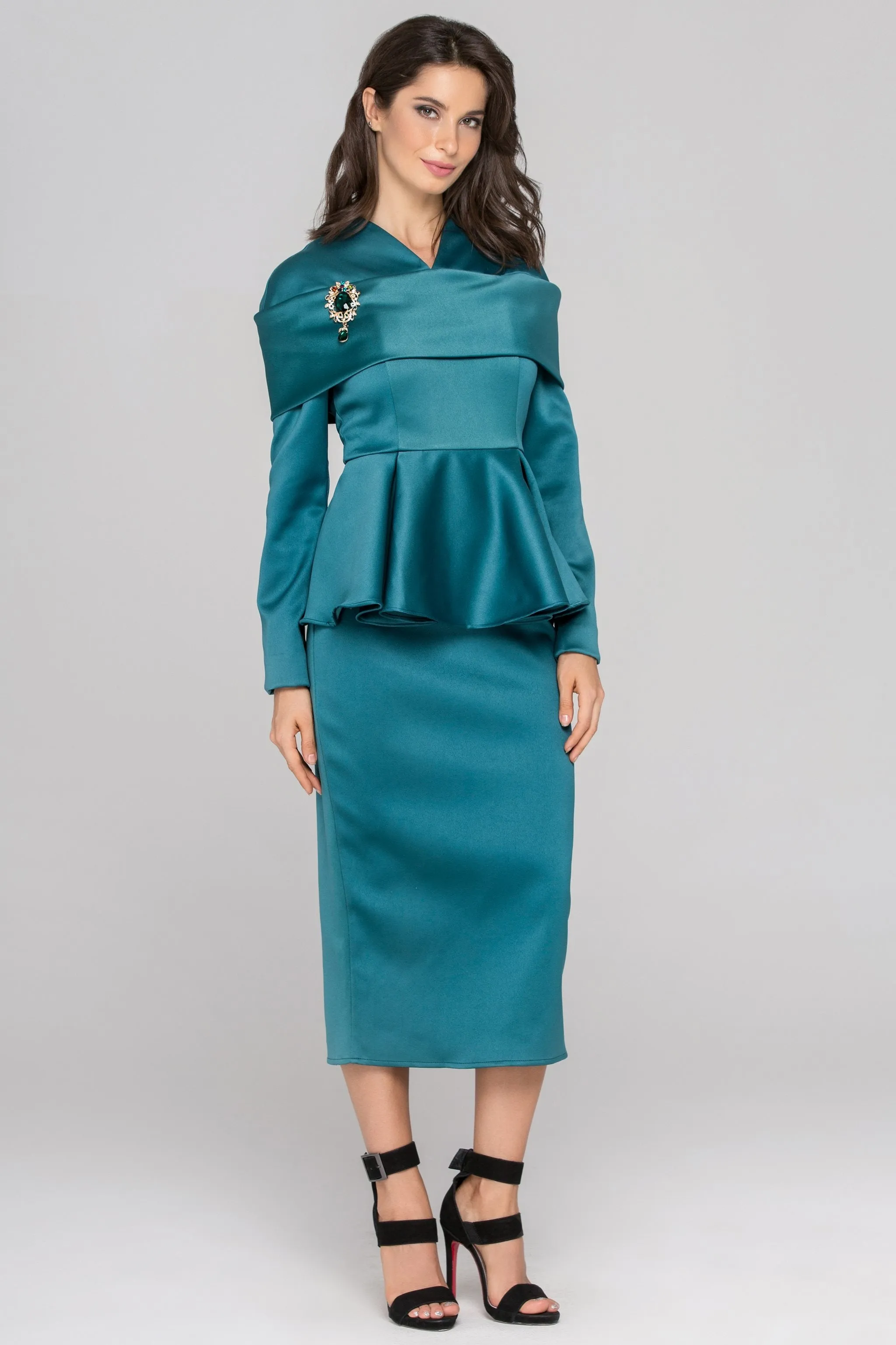 Blue Green Sleeved Satin Peplum Midi Dress