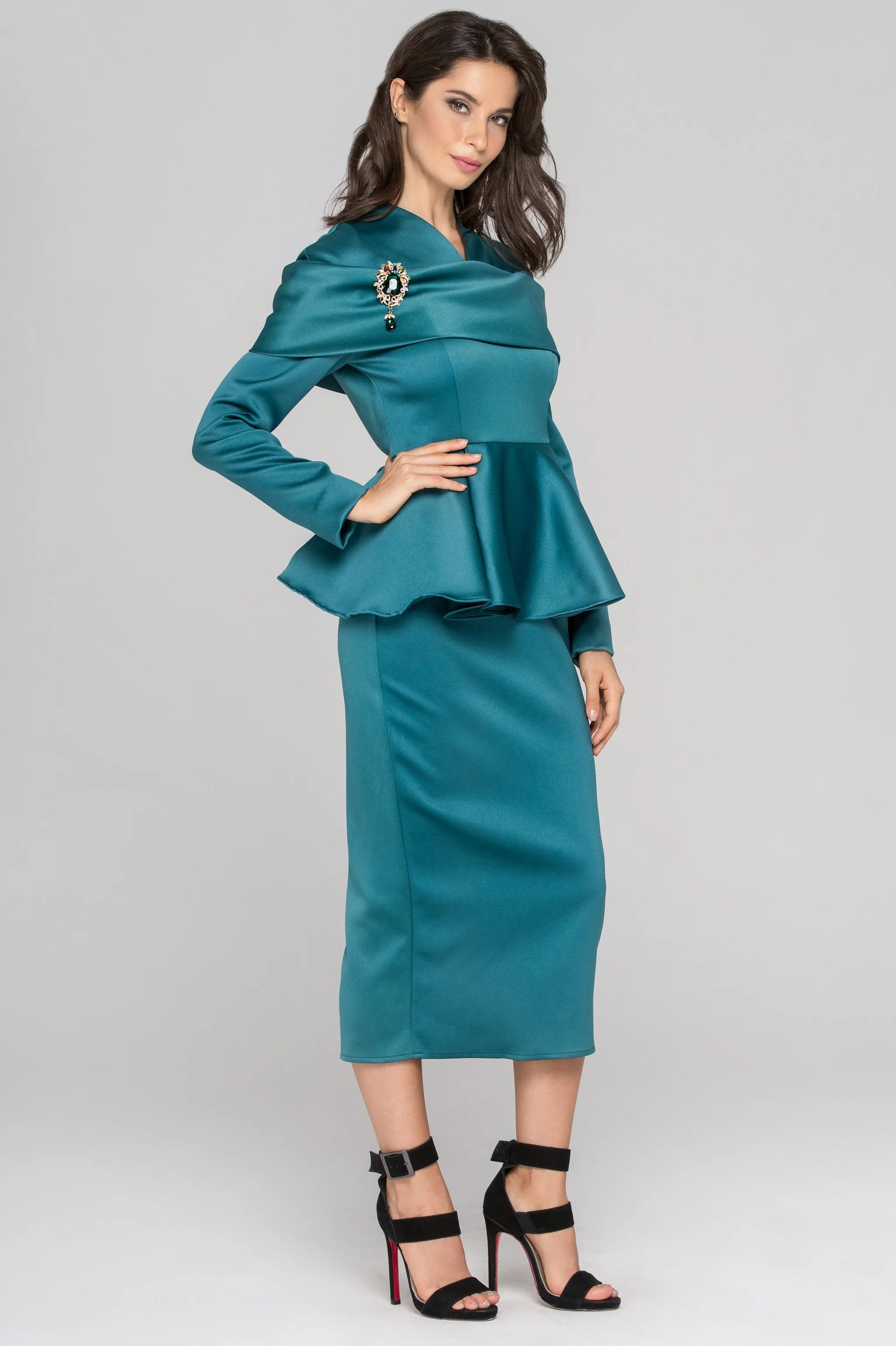 Blue Green Sleeved Satin Peplum Midi Dress