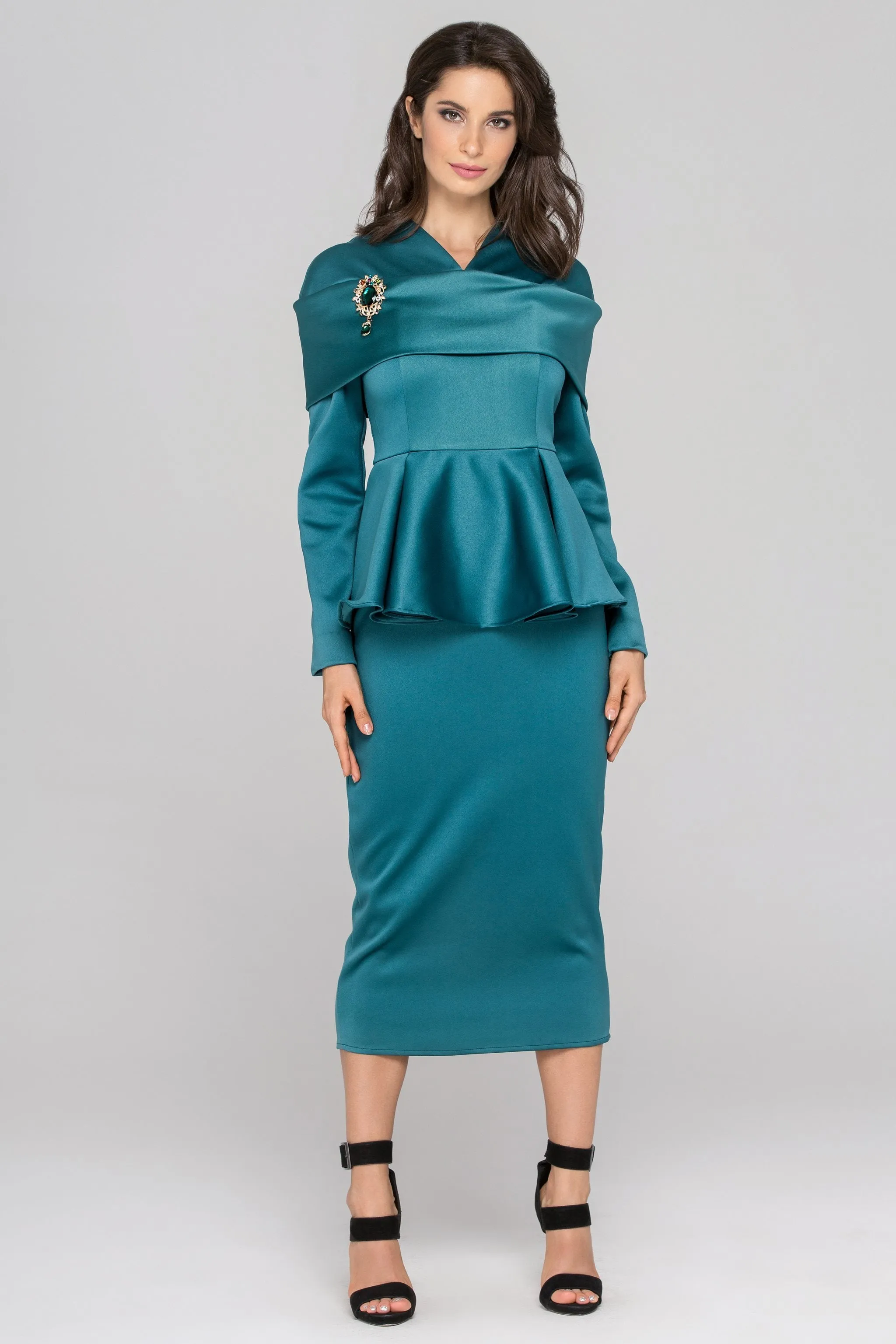 Blue Green Sleeved Satin Peplum Midi Dress