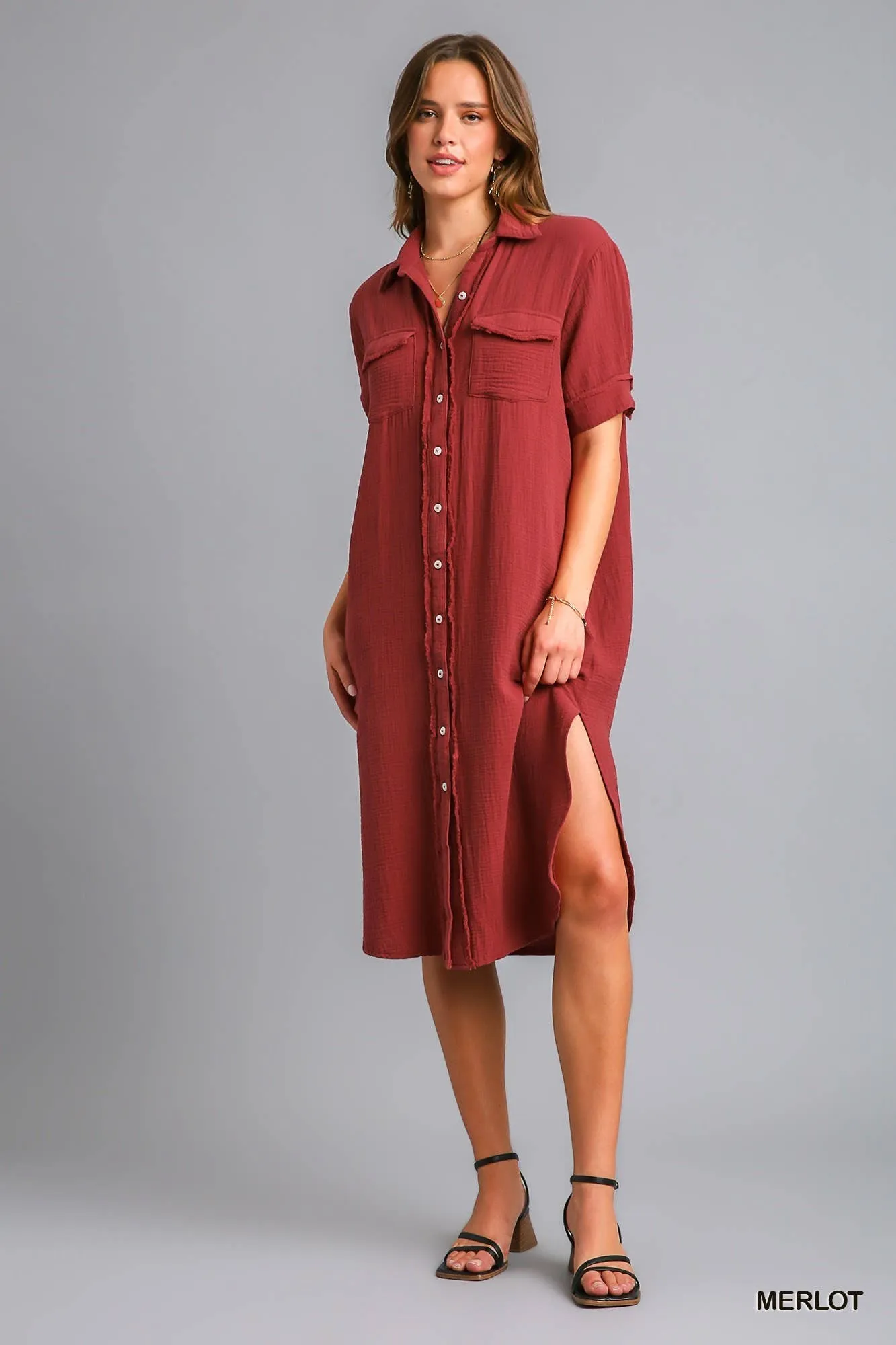 Button Up Cotton Gauze Midi Dress