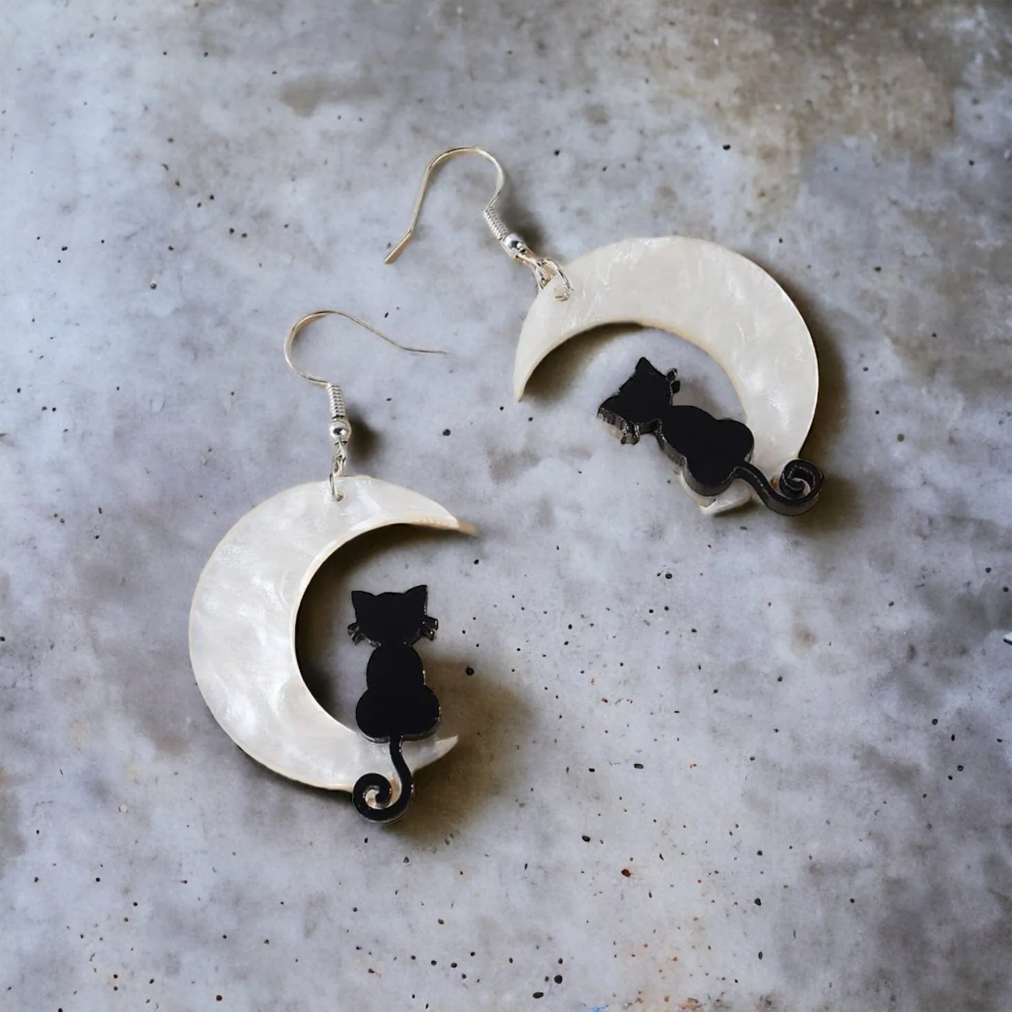 Cat Moon Earrings - Halloween Jewelry, Black Cat, Halloween Accessories, Trick or Treat, Cat Earrings, Moon Sliver