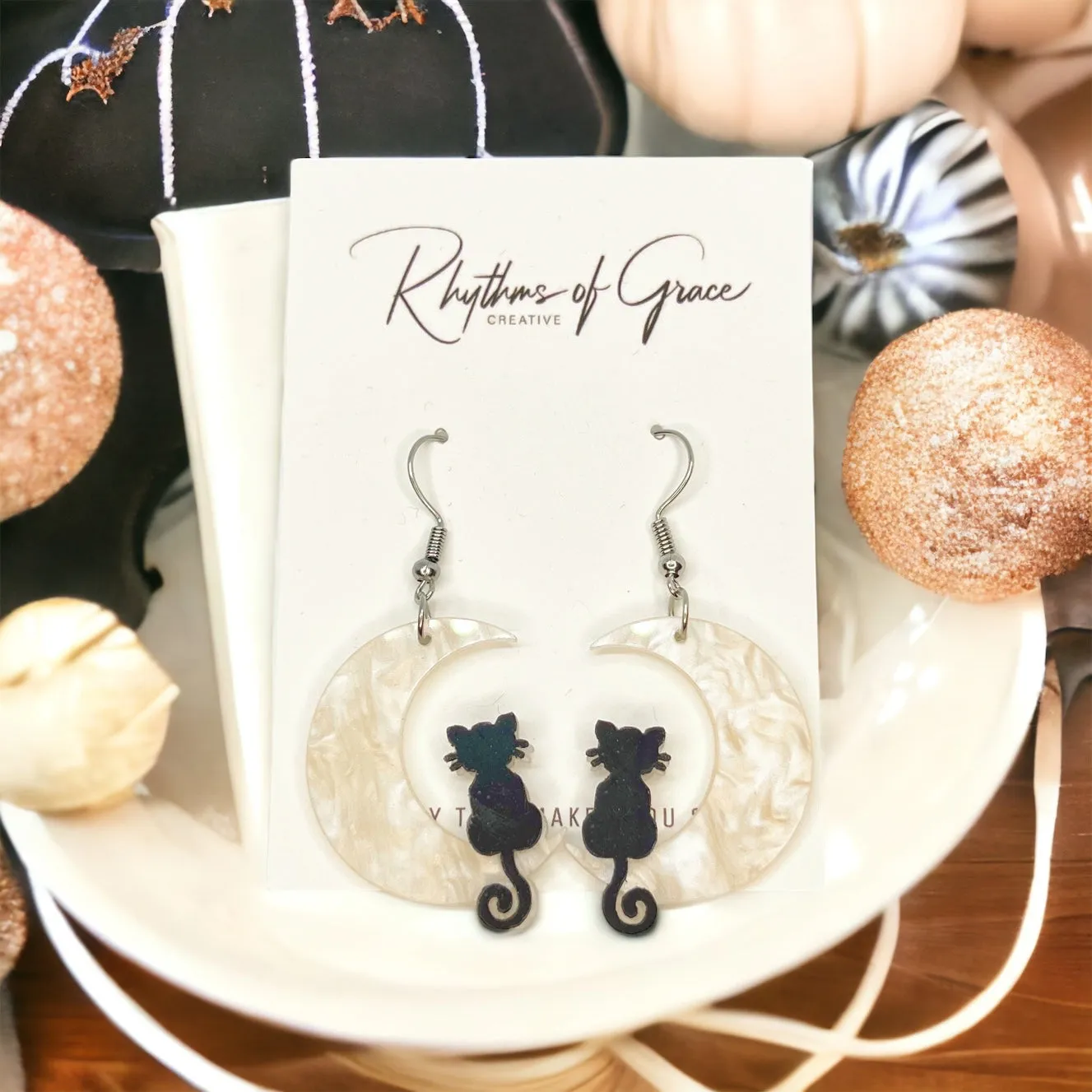 Cat Moon Earrings - Halloween Jewelry, Black Cat, Halloween Accessories, Trick or Treat, Cat Earrings, Moon Sliver