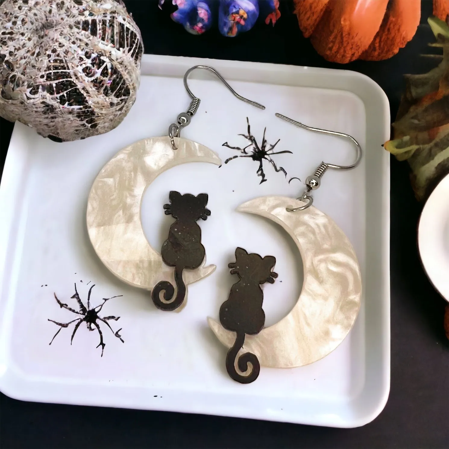 Cat Moon Earrings - Halloween Jewelry, Black Cat, Halloween Accessories, Trick or Treat, Cat Earrings, Moon Sliver