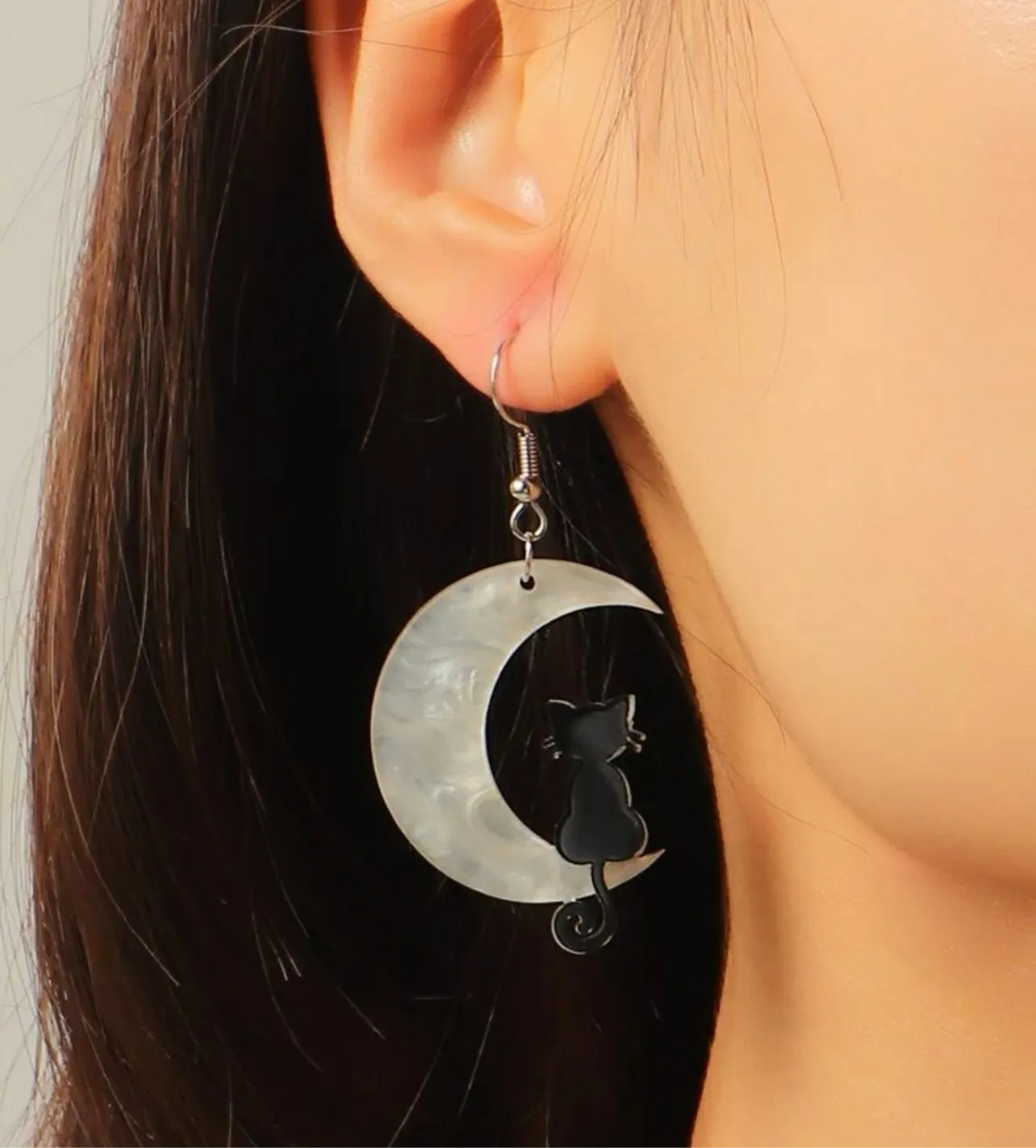 Cat Moon Earrings - Halloween Jewelry, Black Cat, Halloween Accessories, Trick or Treat, Cat Earrings, Moon Sliver