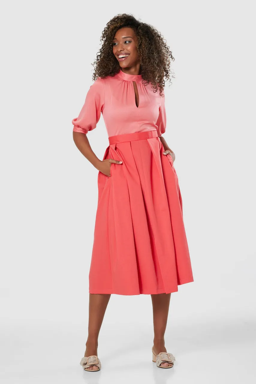 Cora 2-in-1 Puff Sleeve Midi Dress (Coral)