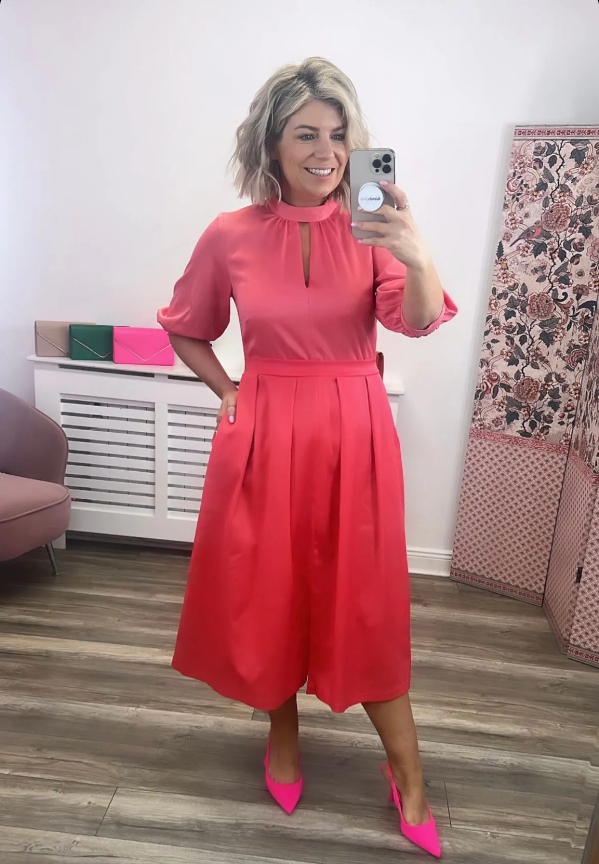 Cora 2-in-1 Puff Sleeve Midi Dress (Coral)