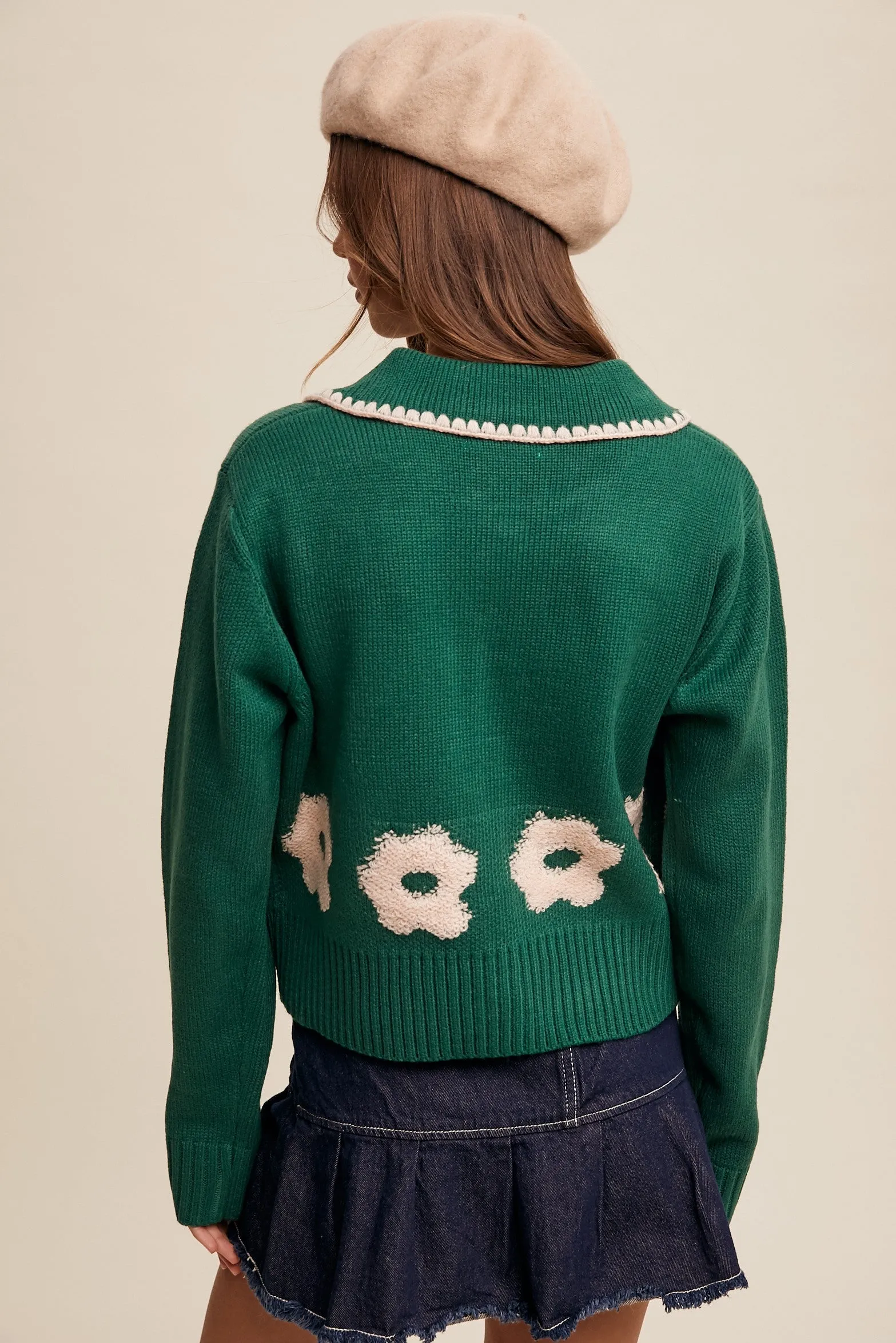 Green Contrast Knit Collared Cardigan