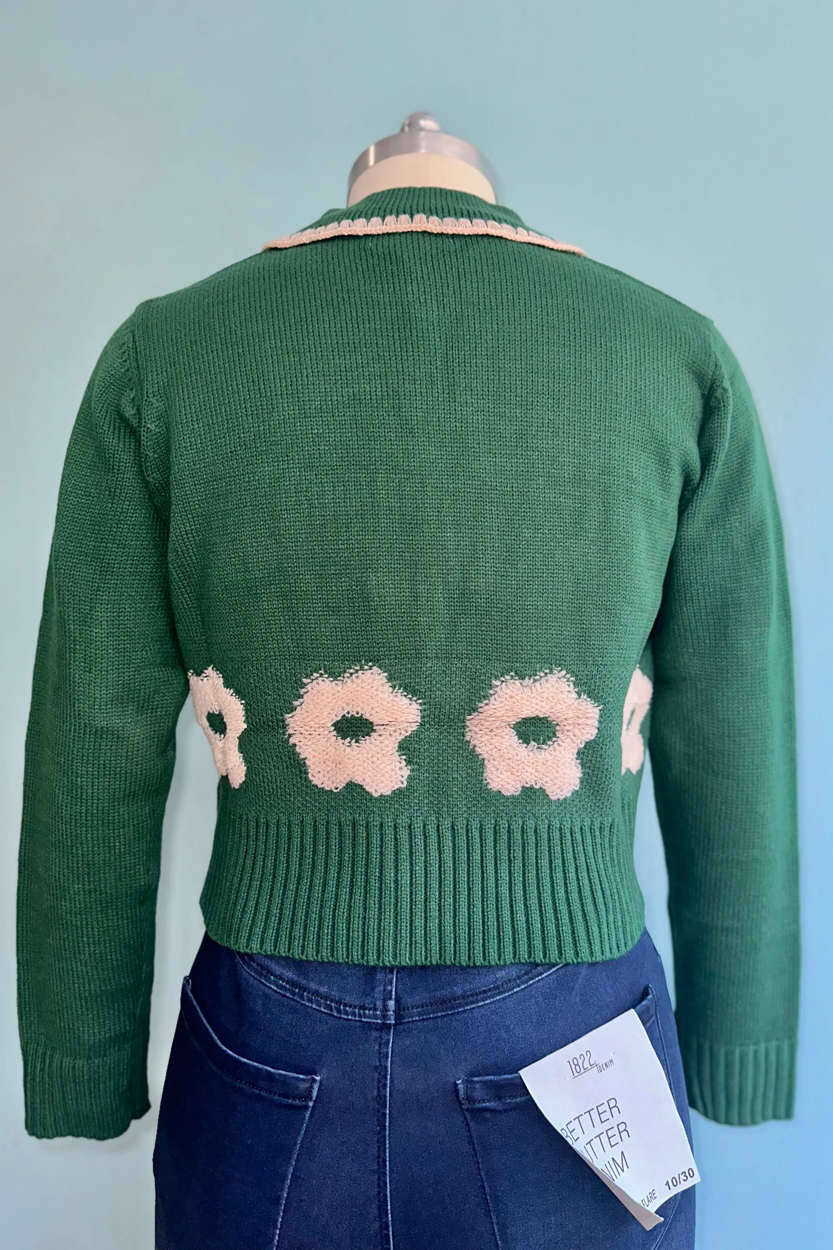 Green Contrast Knit Collared Cardigan