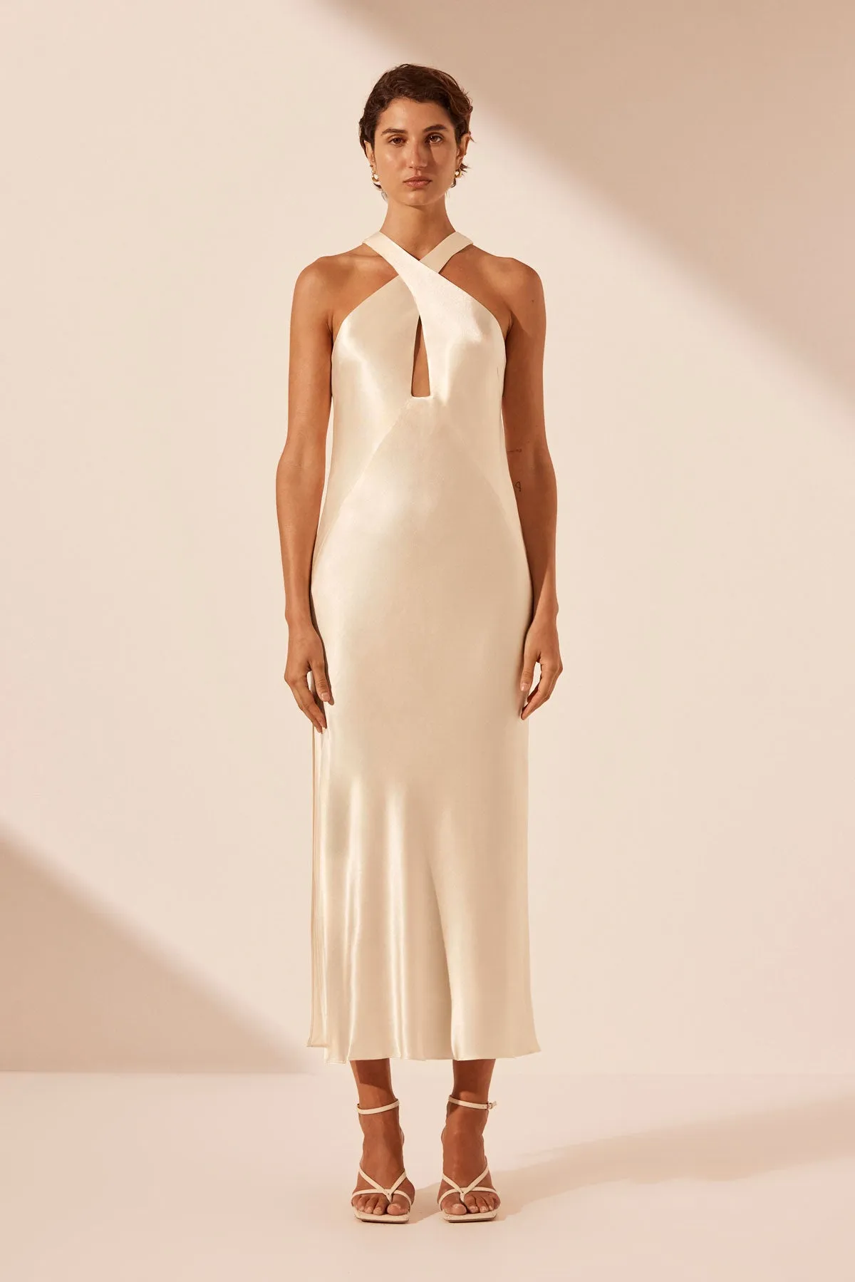 LA LUNE CROSS FRONT KEYHOLE MIDI DRESS - CREAM