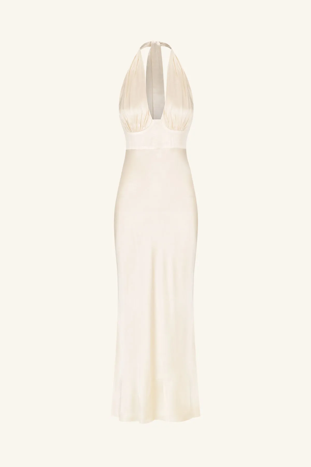 LA LUNE PLUNGED HALTER MIDI DRESS - CREAM