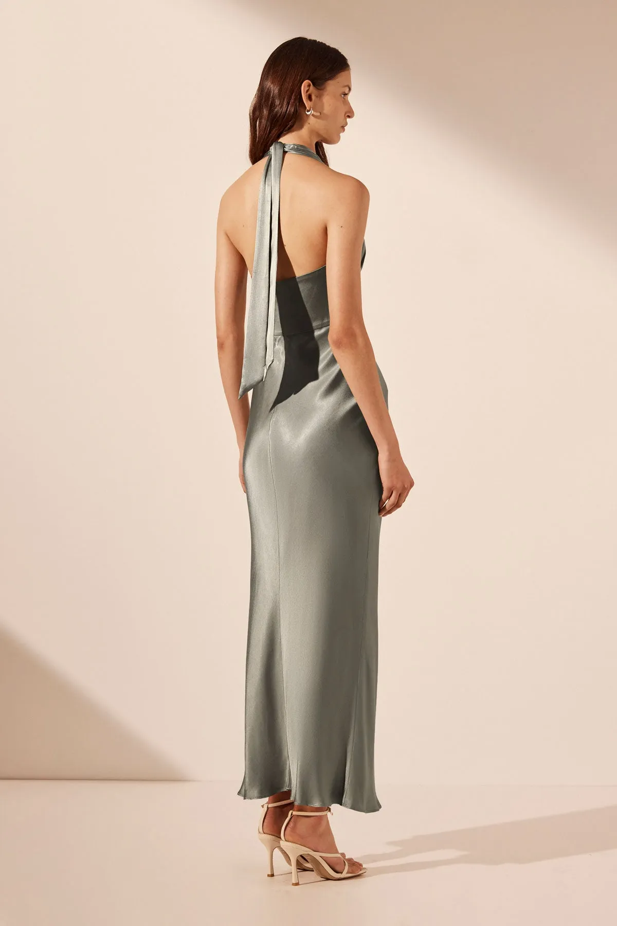 LA LUNE PLUNGED HALTER MIDI DRESS - SAGE