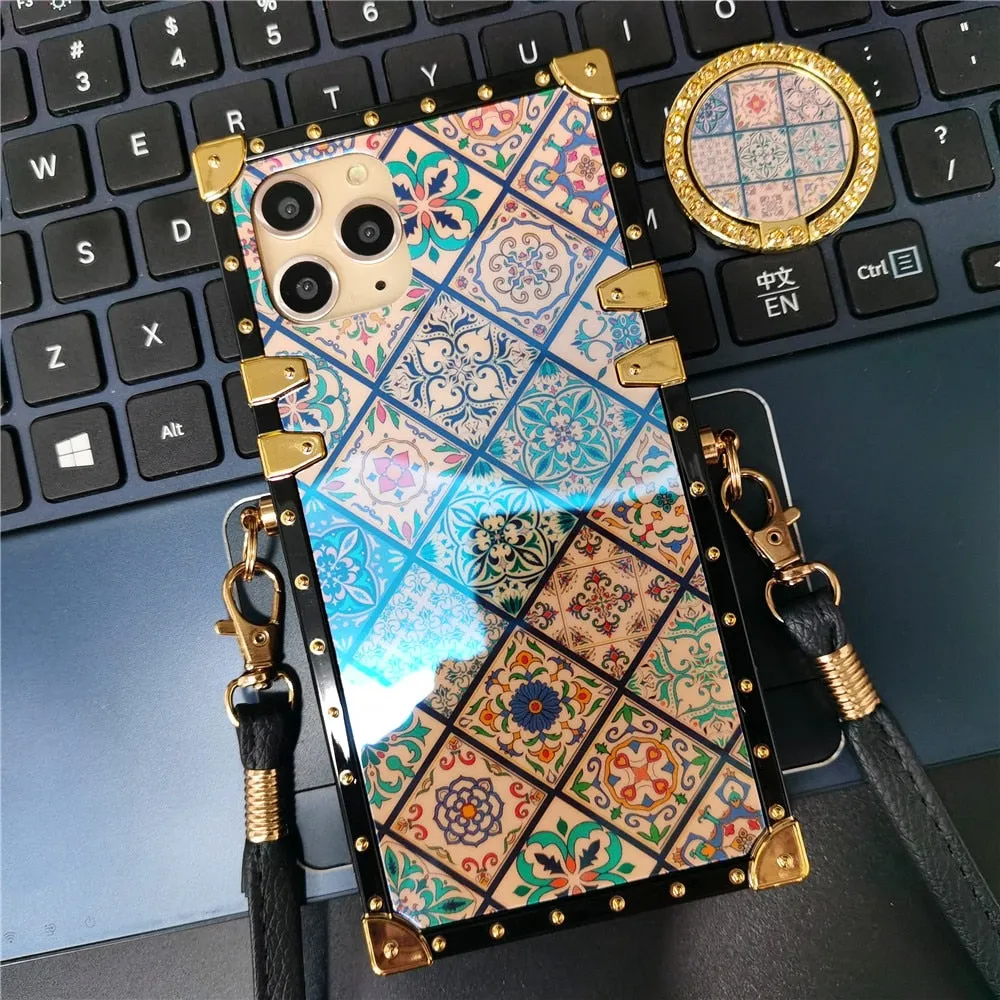 Luxury Glitter Flower Cover Square Lanyard Strap Case for iPhone 12 PRO MAX XS X XR 11 13 PRO 14 PRO MAX 7 8 14 Plus Phone Cases