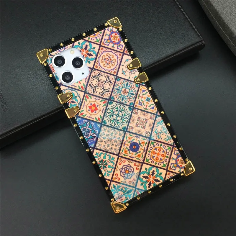 Luxury Glitter Retro Flower Cover Case for iPhone 12 PRO Max 13 PRO XS X XR Soft Square Case for iphone 14 PRO MAX 6 7 8 14 Plus