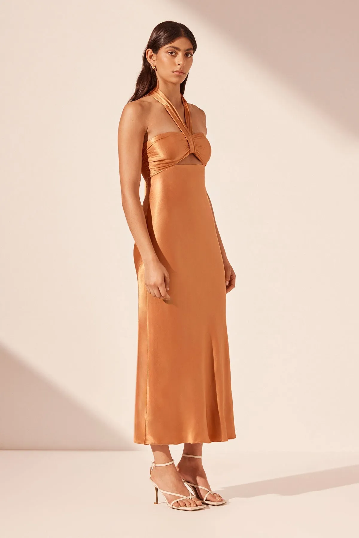 LYDIE RUCHED HALTER MIDI DRESS - GOLDEN OAK