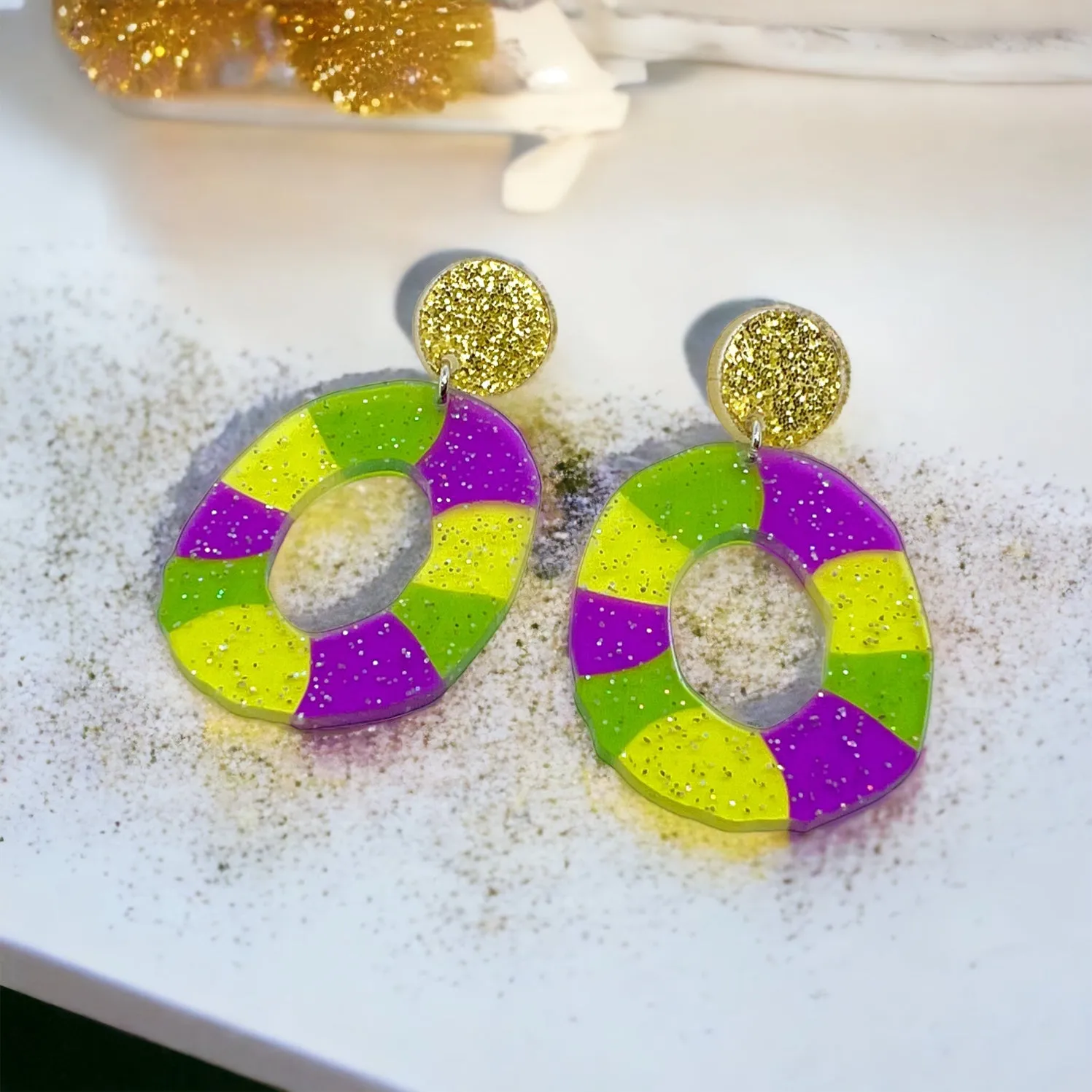 Mardi Gras Kingcake Earrings - Handmade Jewelry, Mardi Gras Earrings, New Orleans, NOLA, Purple Green Gold, Mardi Gras Jewelry, King Cake