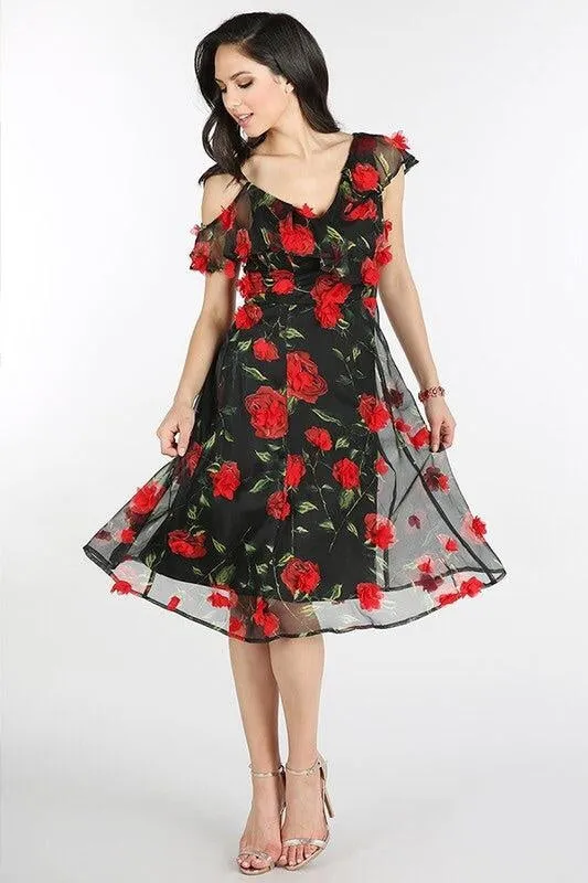 Red Rose Appliqué Midi-FINAL SALE-NOT ELIGIBLE FOR EXCHANGE OR REFUND