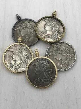 Reproduction French Madagascar Medal Coin Pendant 39mm, Coin Bezel, French coin, Art Deco Coin, Gold or Silver, 5 bezel colors. Fast Ship