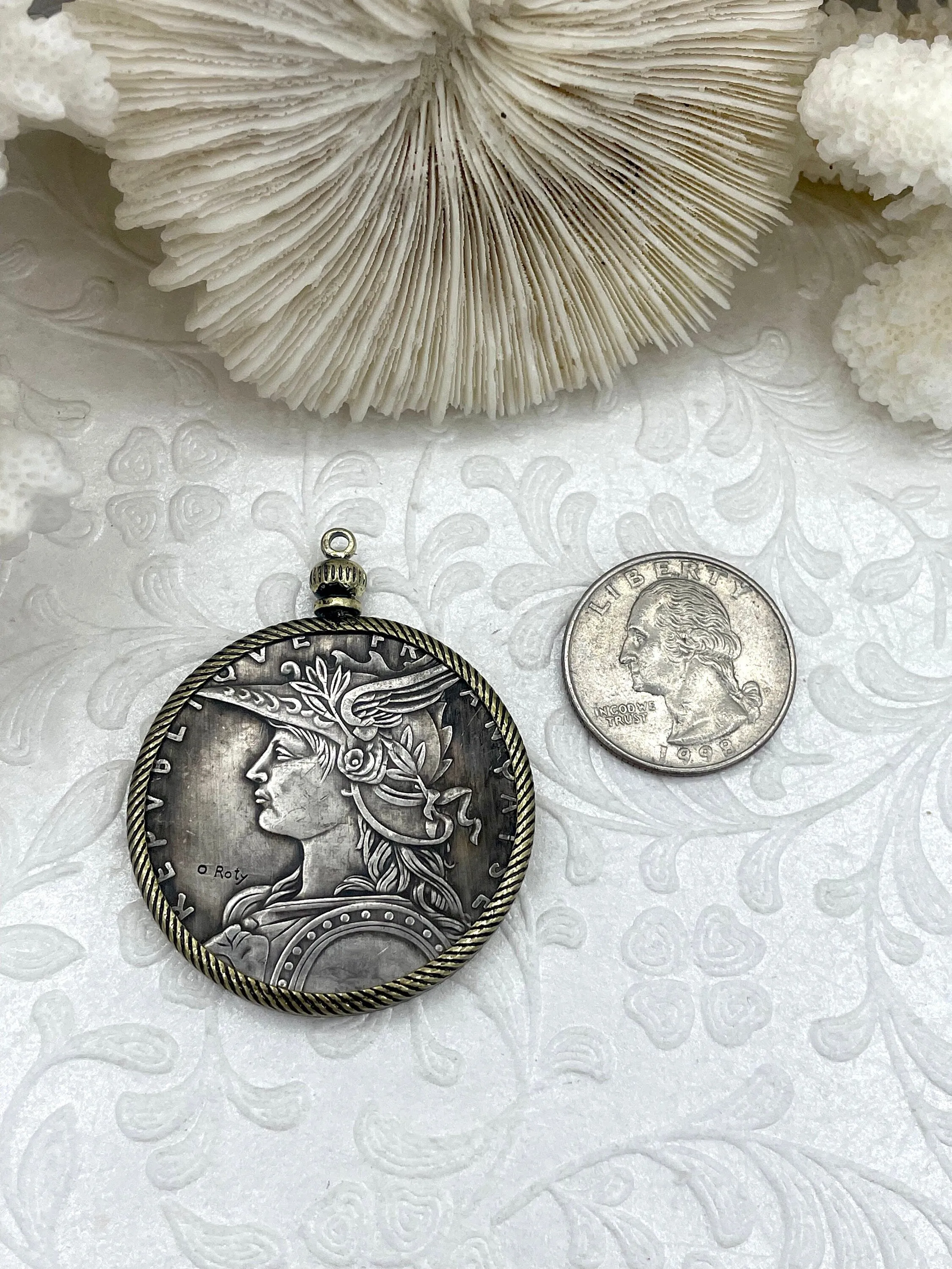 Reproduction French Madagascar Medal Coin Pendant 39mm, Coin Bezel, French coin, Art Deco Coin, Gold or Silver, 5 bezel colors. Fast Ship