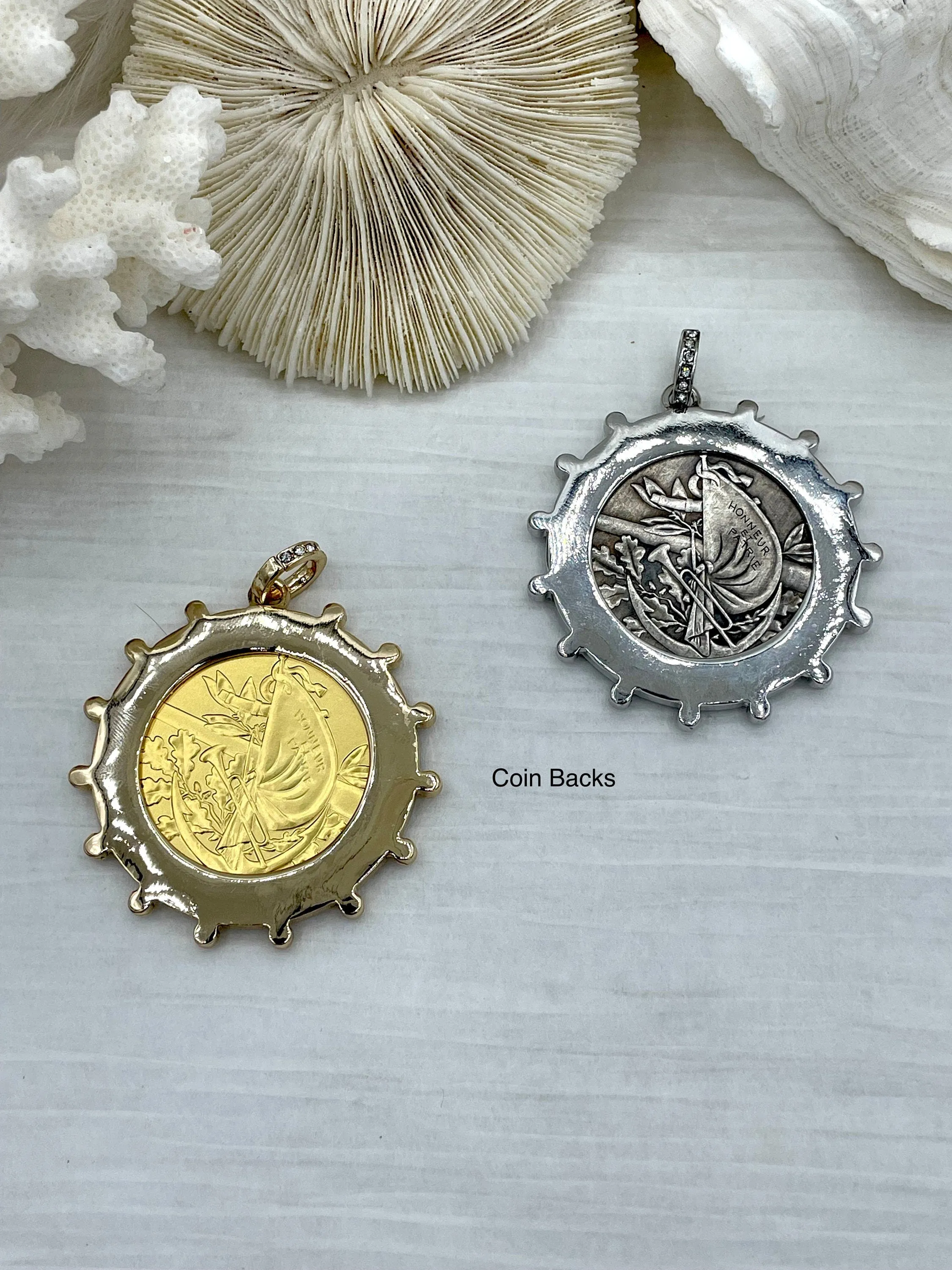 Reproduction French Madagascar Medal Coin Pendant, Coin Bezel, French coin, Art Deco Coin, Antique Coin Bezel W/Pearls & CZ. Fast Ship