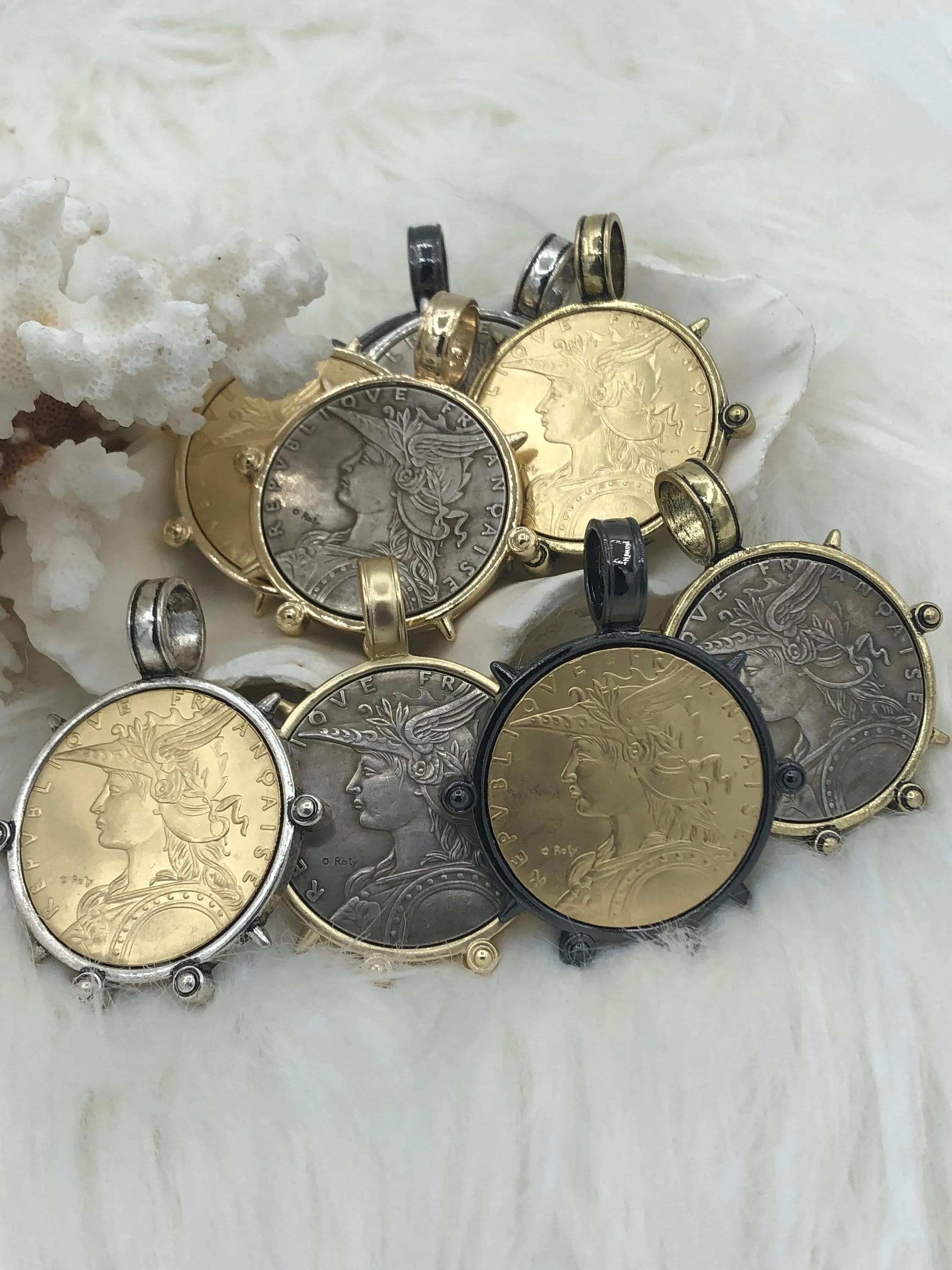 Reproduction French Madagascar Medal Coin Pendant, Coin Bezel, French coin, Art Deco Coin, Gold Coin, 4 bezel colors. Fast Ship