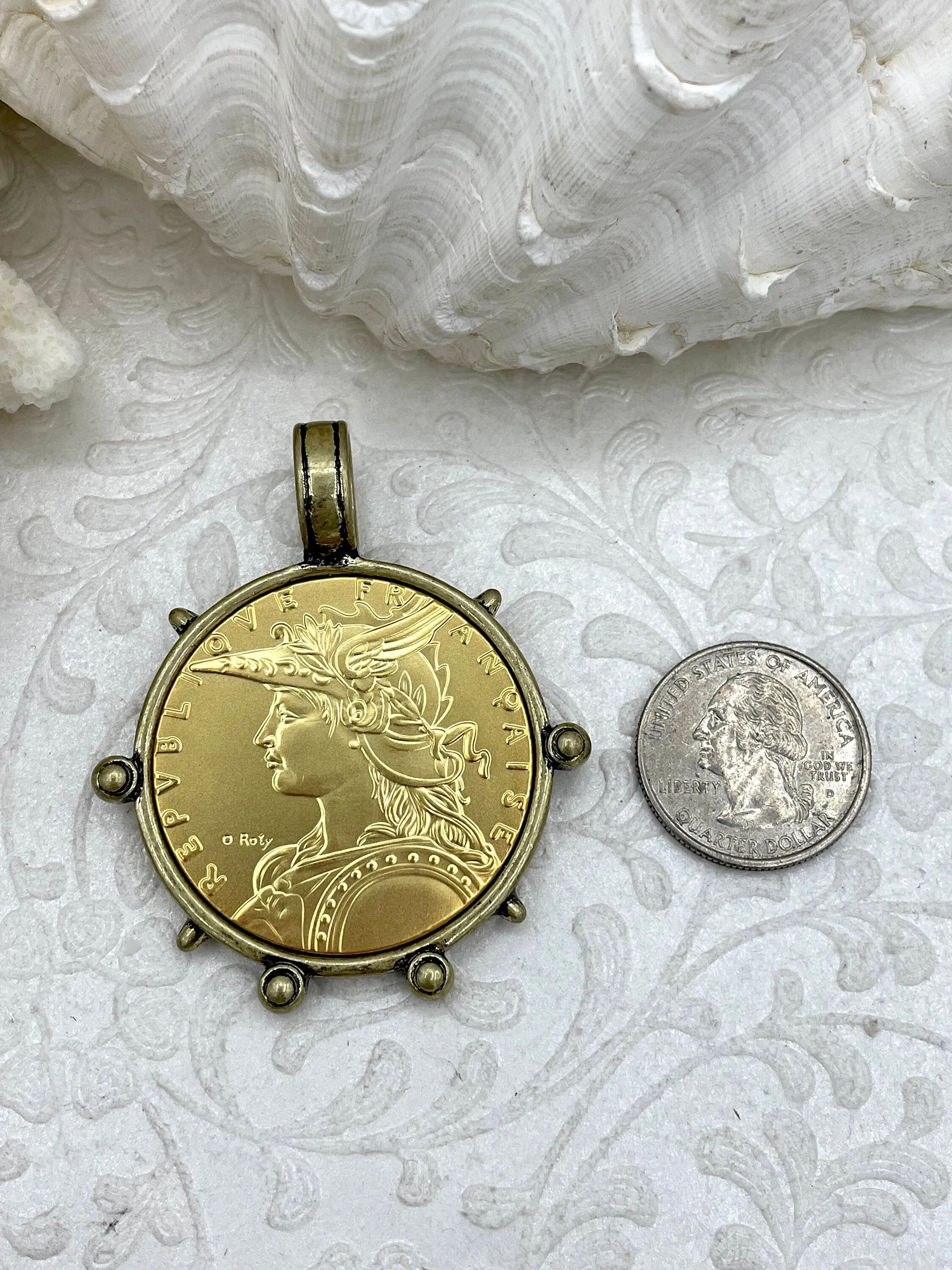 Reproduction French Madagascar Medal Coin Pendant, Coin Bezel, French coin, Art Deco Coin, Gold Coin, 4 bezel colors. Fast Ship