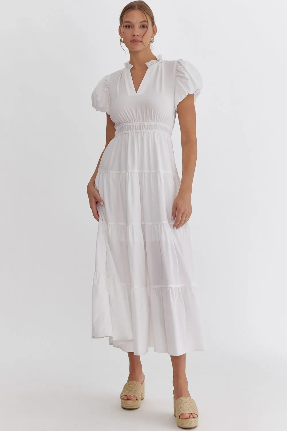 V-Neck Bubble Sleeve Tiered Midi Dress