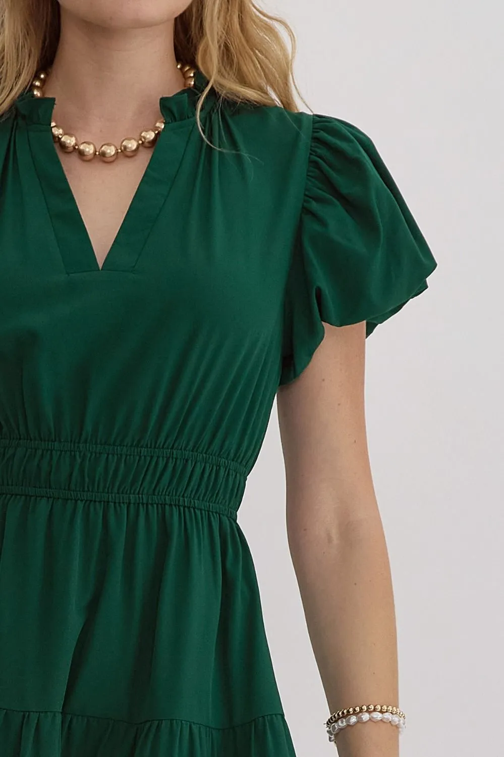 V-Neck Bubble Sleeve Tiered Midi Dress