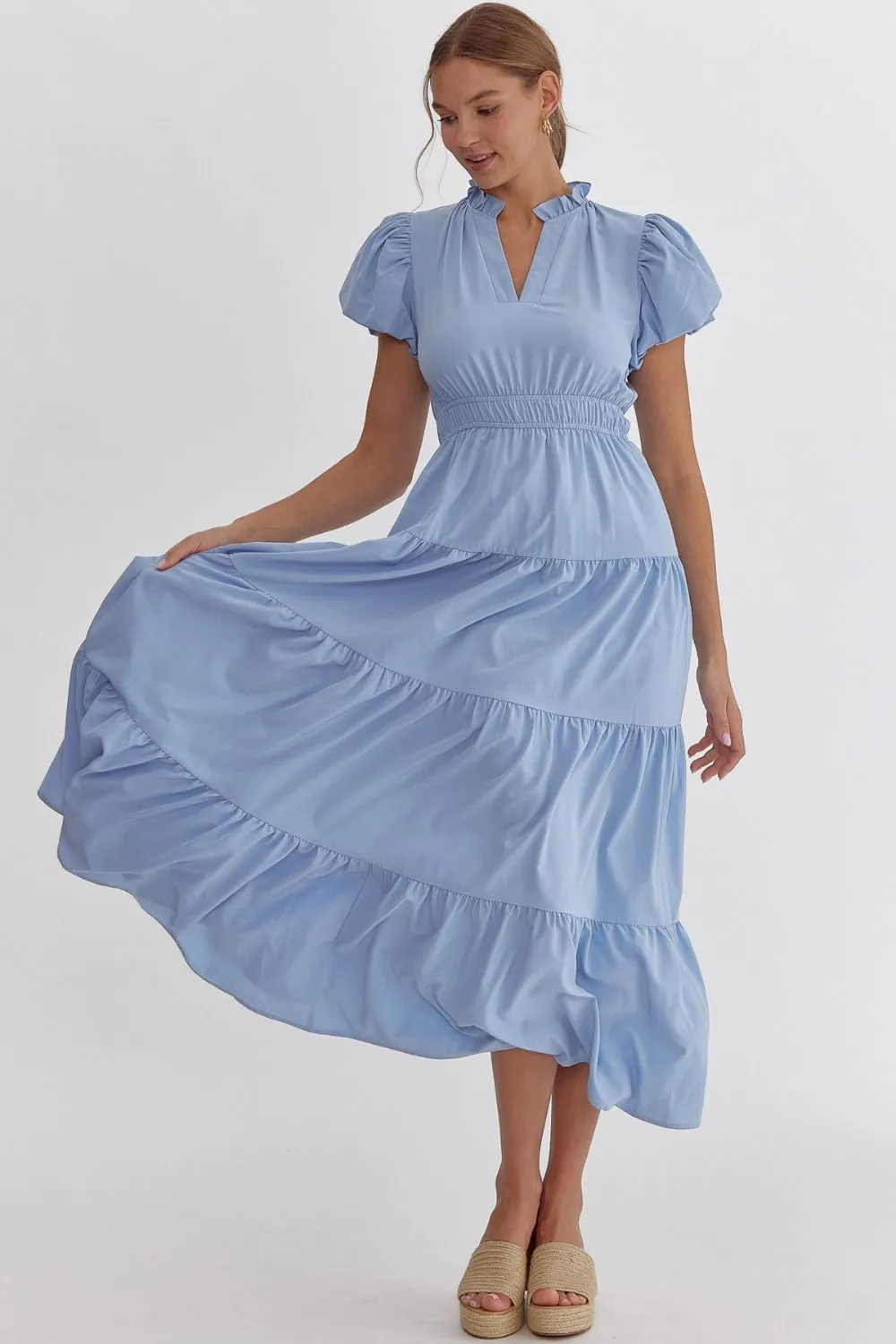 V-Neck Bubble Sleeve Tiered Midi Dress