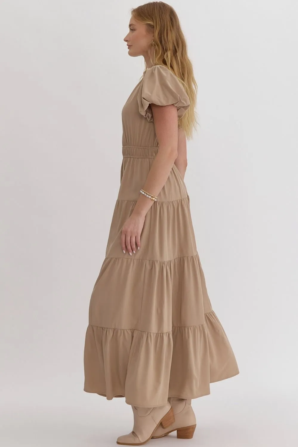 V-Neck Bubble Sleeve Tiered Midi Dress