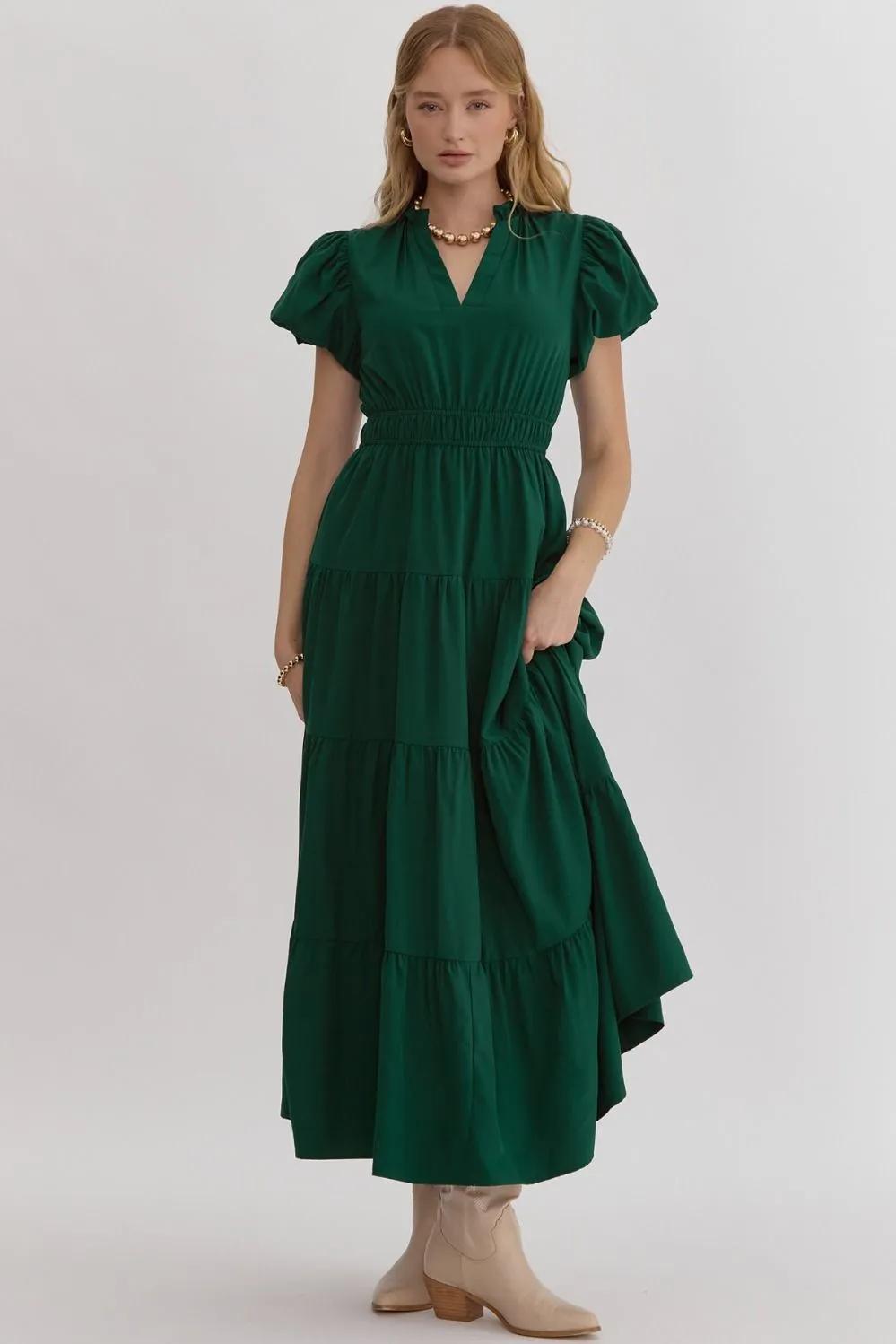 V-Neck Bubble Sleeve Tiered Midi Dress