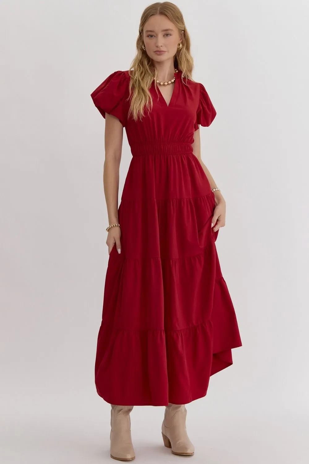 V-Neck Bubble Sleeve Tiered Midi Dress