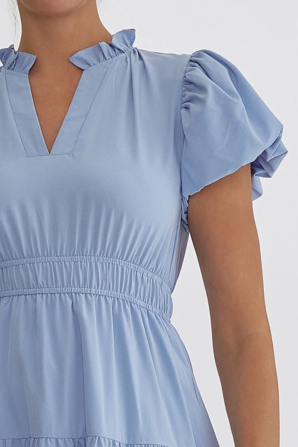 V-Neck Bubble Sleeve Tiered Midi Dress